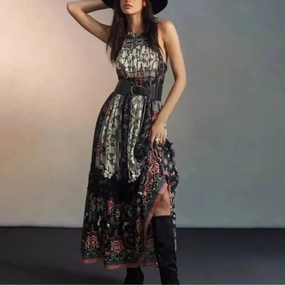 Anthropologie Black and Gray Maxi Dress